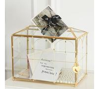Giadun Boîte à cartes de mariage en verre avec fente, grande boîte à cartes transparente, boîte de rangement pour cartes cadeau en laiton doré avec serrure, parfaite pour les réceptions de mariage