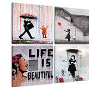 Giallobus - 4 carrés multi-panneaux - Banksy - Les plus belles œuvres de Banksy - Collection 1 - Bois MDF - 29,7x29,7 - x 4 pièces
