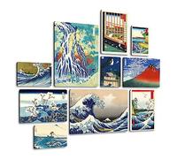 Giallobus - Ensemble de 10 peintures Multi-Panneaux - Hokusai Hiroshige - Bois MDF - | 2 x 42x29,7cm | 4 x 29,7x21cm | 4 x 21x14,85cm | - Prêt à accrocher - Tableaux d'intérieur Modernes