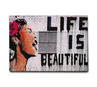 Giallobus - Impression sur toile - Banksy - La vie est belle - Toile à cadre standard - 140x100 - Prêt à accrocher - Peintures pour la maison