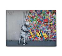 Giallobus - Impression sur toile - Banksy - L'enfant ouvre le rideau - Toile à cadre standard - 140x100 - Prêt à accrocher - Peintures pour la maison