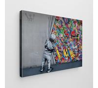 Giallobus - Impression sur toile - Banksy - - Toile standard - 140x100-04 - L'enfant ouvre le rideau - Tableaux modernes pour la maison