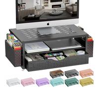 gianotter D-3-2 Support rehausseur pour écran d'ordinateur de bureau avec tiroir et 2 porte-stylos, accessoires de bureau et espace de travail, organiseur de bureau pour fournitures de bureau (noir)