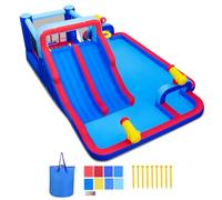 GIANTEX 2 en 1 Chateau Gonflable Exterieur, Aire de Jeux Gonflable avec Double Toboggan Aquatique, Mur d'escalade, Piscine, Canons&Panier Basket, pour Enfants 3-12 Ans, 646x418x211CM