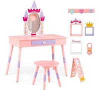 COSTWAY 2 en 1 Coiffeuse Enfants avec Tabouret, avec Miroir Détachable, Style Princesse, 1 Tiroir et 3 Cubes, Charge 30 KG, Rose