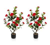 GIANTEX Arbre de camélia artificiel, plantes réalistes à fleurs en pot, plantes à fleurs simulées, décoration adaptée pour magasin, maison, bureau (rouge)