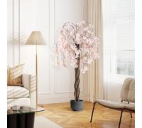 GIANTEX Arbre de cerisier artificiel 163 cm, plante décorative imitation fleurs rose/blanches, tronc en bois royal, vase rempli de ciment, arbre réaliste pour décoration de maison, bureau (blanc)