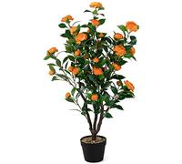 GIANTEX Arbres artificiels avec 37 camélias de 102 cm Plante florale artificielle en pot de ciment décoration intérieure et extérieure pour bureau, maison, porche