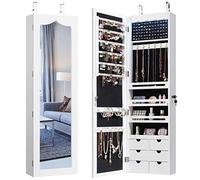 GIANTEX Armoire à bijoux avec 5 LED, étagère à bijoux avec miroir intégral, armoire murale verrouillable pour colliers, boucles d'oreilles, suspendue à la porte, blanche