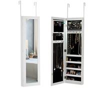 GIANTEX Armoire à Bijoux avec Miroir, Étagère à Bijoux avec Lumière LED, Armoire Murale pour Chaînes, Boucles d'Oreilles, Suspendue, Montage Mural, Blanc