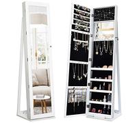GIANTEX Armoire à Bijoux sur Sol avec Miroir Inclinable & 5 Compartiments & Support Triangulaire Verrouillable, Porte Bijoux En Bois, Blanc