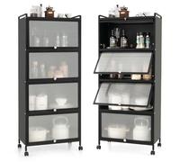 GIANTEX Armoire Cuisine 5 Niveaux avec Portes Rabattables, Meuble Cuisine Rangement à roulettes Universelles, Cadre en Métal, Étagere pour Salon, Kit Anti-basculement, 60 x 32 x 154 cm(Noir)
