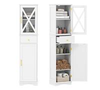 GIANTEX Armoire de Salle de Bain Haute, Meuble de Colonne avec Placard à Porte Vitré Trempé, 3 Étagères Ajustables, 2 Portes, 1 Tiroir, Design Compact, pour Cuisine, Salon, Bureau, Blanc
