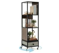 GIANTEX Bibliotheque 4 Niveaux sur roulettes, Bibliotheque Rotative avec Plateau Tournant, Tiroir Tissu Amovible, Cadre Métal et Bois, Meuble de Rangement pour Salon Bureau, 30 x 30 x 111 cm (Gris)
