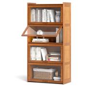 GIANTEX Bibliothèque en Bambou à 4 Niveaux 140 CM, Étagère à Livres avec Portes Rabattables en Acrylique Transparent, Meuble de Rangement Autoportante, pour Salle d'étude, Salon, Chambre (Café)