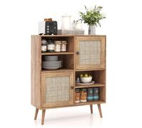 GIANTEX Buffet - Armoire de Rangement avec 2 Portes en Rotin - 4 Compartiments Ouverts - 80 x 29,5 x 97 cm - Chambre, Cuisine,