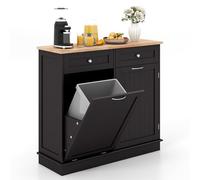 GIANTEX Buffet de Cuisine avec 2 Tiroirs, Placard à Porte, Meuble Cuisine avec Plan de Travail en Caoutchouc, Ilot Central avec Rangement, Meuble Poubelle 2 en 1, Poubelle Non Inclus (Marron)