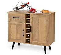 GIANTEX Buffet de Cuisine avec Casier à Vin pour 6 Bouteilles, Meuble de Bar à 2 Portes et 1 Tiroir, Armoire de Rangement avec Étagères Réglables pour Salon, Salle à Manger, 90 x 40 x 79 cm, Naturel