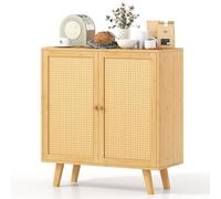 GIANTEX Buffet de cuisine en bambou avec 2 portes décorées en rotin, 80 x 34,5 x 85 cm, armoire de rangement 2 niveaux, style bohème, meuble pour salle à manger, salon, chambre