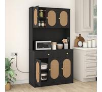 GIANTEX Buffet de cuisine, haut avec portes en rotin PE, 2 tiroirs et station de charge, 100 x 40 x 180 cm, meuble auxiliaire en bois pour salle à manger, salon