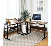 GIANTEX Bureau d’Angle en Forme L 170 CM, Bureau d’Ordinateur avec 2 Étagères, Plateau Inclinable, Support d'Unité Centrale, Table Informatique, Peu Encombrant, Style Industriel (Marron)
