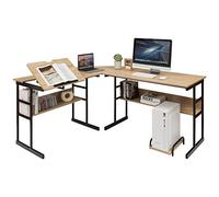 GIANTEX Bureau d’Angle en Forme L 170 CM, Bureau d’Ordinateur avec 2 Étagères, Plateau Inclinable, Support d'Unité Centrale, Table Informatique, Peu Encombrant, Style Industriel (Naturel)
