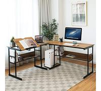 GIANTEX Bureau d’Angle en Forme L 170 CM, Bureau d’Ordinateur avec 2 Étagères, Plateau Inclinable, Support d'Unité Centrale, Table Informatique, Peu Encombrant, Style Industriel (Noyer)