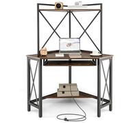 GIANTEX Bureau d'angle avec étagère, table de travail en forme de L, bureau d'ordinateur avec prises de courant, plateau pour clavier, déflecteur anti-chute, design peu encombrant, marron