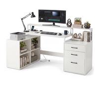 GIANTEX Bureau d'angle avec Rangement en Forme de L, Bureau Informatique avec Station de Charge Intégrée, Tiroirs de Rangement, Support pour Moniteur, pour Salle d'Étude, 166 x 90 x 92 cm, Blanc
