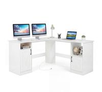 GIANTEX Bureau d'angle en Forme de L, Bureau Ordinateur avec Rangement, Station de Recharge Intégrée, Étagères Ouvertes & Placards à Porte, Table Gaming Gain de Place pour Salle d'Étude