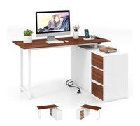 GIANTEX Bureau d'angle en Forme de L, Bureau Ordinateur Réversible de 138 cm avec Armoire à 2 Portes, 3 Tiroirs et Station de Charge, Table Ordinateur pour Salle d'Étude (Brun+Blanc)