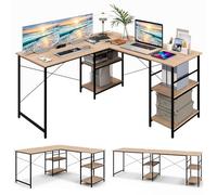 GIANTEX Bureau d'angle en Forme de L, Table d'ordinateur Convertible avec 4 étagères et 3 Trous pour câbles, Bureau de Jeux et d'écriture pour Bureau à Domicile (Naturel)