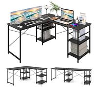 GIANTEX Bureau d'angle en Forme de L, Table d'ordinateur Convertible avec 4 étagères et 3 Trous pour câbles, Bureau de Jeux et d'écriture pour Bureau à Domicile Noir