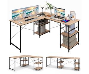 GIANTEX Bureau d'angle en Forme de L, Table d'ordinateur Convertible avec 4 étagères et 3 Trous pour câbles, Bureau de Jeux et d'écriture pour Bureau à Domicile (Naturel)