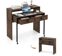 GIANTEX Bureau d'ordinateur avec plateau extensible, 100 x 63 x 88 cm, 2 tiroirs de rangement et étagère ouverte, design compact avec roulettes, table de travail pour chambre, bureau (marron)