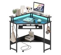 GIANTEX Bureau d'Ordinateur d'Angle avec Éclairage LED et Station de Charge, Plateau Clavier Réglable, 80 x 80 x 88 cm, Noir