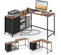 Giantex Bureau d'angle convertible, prise de courant, 3 tiroirs tissu, étagères maille, Marron