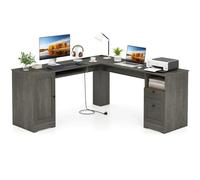 GIANTEX Bureau d'ordinateur en forme de L avec station de charge, bureau d'angle avec plateau pour clavier et tiroirs, 168 x 168 x 76 cm, table d'angle pour bureau, chambre à coucher (gris)