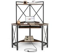 GIANTEX Bureau d'Ordinateur en L, Bureau d'Angle avec 2 Étagères et Plateau pour Clavier, Prises Électriques et Ports USB, Marron