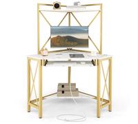 GIANTEX Bureau d'Ordinateur en L, Bureau d'Angle avec 2 Étagères et Plateau pour Clavier, Prises Électriques et Ports USB, blanc