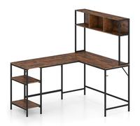 GIANTEX Bureau en L avec Bibliothèque, Étagères Latérales et Crochet, Structure Métallique, Bureau Gaming d'angle avec Pieds Antidérapants Réglables, Table Gamer pour Jouer, Travailler (Marron)