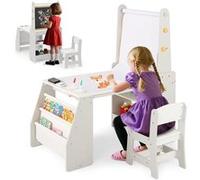 COSTWAY Table Enfant avec Chevalet 3 en 1 et Chaise - Tableau Blanc et Noir, Rouleau de Papier 2 Étagères Ouvertes et 2 Niveaux