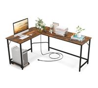 GIANTEX Bureau Informatique d'Angle en Forme L 168 x 125cm- Table avec Prises de Courant+Port USB+Support UC- Brun Industriel