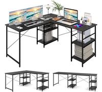 GIANTEX Bureau Informatique d'Angle Réversible en Forme L - 151x 151cm-Table d'Ordinateur- 4 Étagères Rangement+Support PC-Noir