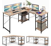 GIANTEX Bureau Informatique d'Angle Réversible en Forme L - 151x 151cm-Table d'Ordinateur- 4 Étagères Rangement+Support PC-Naturel