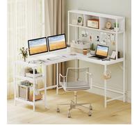 GIANTEX Bureau Informatique en L, 3 Compartiments, 2 Étagère Ouvertes, Cadre Métal, Bureau Gaming d’Angle, 150x120x148cm, Blanc
