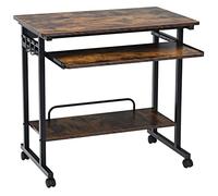 GIANTEX Bureau Informatique, Large Plan de Travail, Plateau Clavier, Support Inférieur, 3 Crochets, Petit Bureau Ordinateur, Cadre en Métal, Table de Lit a Roulette pour Bureau, Chambre (Marron)