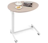 GIANTEX Bureau ovale réglable en hauteur avec roues verrouillables, poste de travail portable avec levage pneumatique, table rotative pour bureau et maison, blanc et rose
