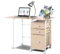 GIANTEX Bureau Pliable 3 Tiroirs de Rangement & Roues Verrouillables, Table Roulante Compacte Cadre Métal, comme Table d’Appoint Bureau Informatique Bureau d’Ordinateur, pour Salon, Chambre (Naturel)