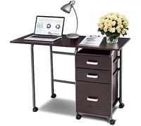 GIANTEX Bureau Pliable 3 Tiroirs de Rangement & Roues Verrouillables, Table Roulante Compacte Cadre Métal, comme Table d’Appoint Bureau Informatique Bureau d’Ordinateur, pour Salon, Chambre (Marron)